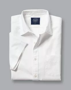 CHARLES TYRWHITT Cotton Linen Oxford Short Sleeve Shirt - Wh -Charles Tyrwhitt Shop CSR0987WHT FOLD SINGLE