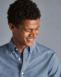 CHARLES TYRWHITT Button-Down Collar Chambray Shirt - Indigo B -Charles Tyrwhitt Shop CSR0999IDG MODEL DETAIL