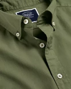 CHARLES TYRWHITT Button-Down Collar Washed Fine Twill Shirt - Olive Green