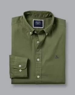 CHARLES TYRWHITT Button-Down Collar Washed Fine Twill Shirt - Olive Green 12 CHARLES TYRWHITT Button-Down Collar Washed Fine Twill Shirt - Olive Green -Charles Tyrwhitt Shop CSR2022OLV FOLD SINGLE