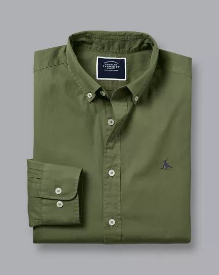 CHARLES TYRWHITT Button-Down Collar Washed Fine Twill Shirt - Olive Green 6 CHARLES TYRWHITT Button-Down Collar Washed Fine Twill Shirt - Olive Green - Image 4