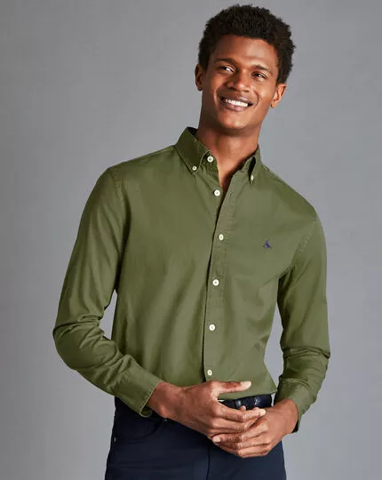 CHARLES TYRWHITT Button-Down Collar Washed Fine Twill Shirt - Olive Green 4 CHARLES TYRWHITT Button-Down Collar Washed Fine Twill Shirt - Olive Green - Image 2