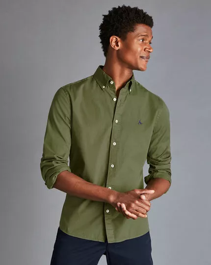 CHARLES TYRWHITT Button-Down Collar Washed Fine Twill Shirt - Olive Green 5 CHARLES TYRWHITT Button-Down Collar Washed Fine Twill Shirt - Olive Green - Image 3