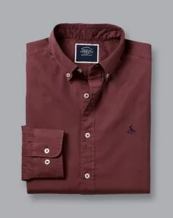 CHARLES TYRWHITT Button-Down Collar Washed Fine Twill Shirt - Wine R -Charles Tyrwhitt Shop CSR2022WNE FOLD SINGLE