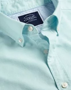 CHARLES TYRWHITT Button-Down Collar Washed Oxford Shirt - Aqua Green