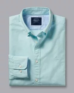 CHARLES TYRWHITT Button-Down Collar Washed Oxford Shirt - Aqua Green -Charles Tyrwhitt Shop CSR2036AQA FOLD SINGLE