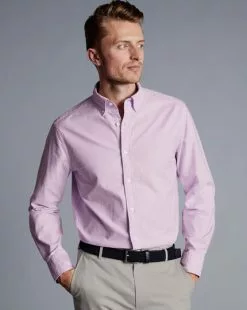 CHARLES TYRWHITT Button-Down Collar Washed Oxford Shirt - Violet P -Charles Tyrwhitt Shop CSR2036VLT MODEL TUCKED