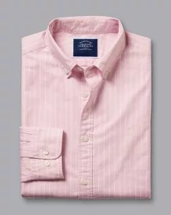 CHARLES TYRWHITT Button-Down Collar Washed Oxford Butchers Stripe Shirt - Pink 12 CHARLES TYRWHITT Button-Down Collar Washed Oxford Butchers Stripe Shirt - Pink -Charles Tyrwhitt Shop CSR2037PNK FOLD SINGLE