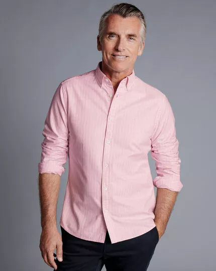 CHARLES TYRWHITT Button-Down Collar Washed Oxford Butchers Stripe Shirt - Pink 4 CHARLES TYRWHITT Button-Down Collar Washed Oxford Butchers Stripe Shirt - Pink - Image 2