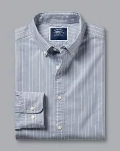 CHARLES TYRWHITT Button-Down Collar Washed Oxford Butchers Stripe Shirt - Steel B 14 CHARLES TYRWHITT Button-Down Collar Washed Oxford Butchers Stripe Shirt - Steel B -Charles Tyrwhitt Shop CSR2037STL FOLD SINGLE