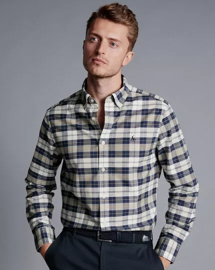 CHARLES TYRWHITT Button-Down Collar Washed Oxford Check Shirt - Grey 4 CHARLES TYRWHITT Button-Down Collar Washed Oxford Check Shirt - Grey - Image 2