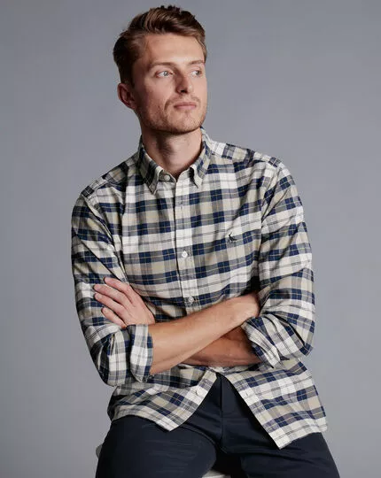 CHARLES TYRWHITT Button-Down Collar Washed Oxford Check Shirt - Grey 5 CHARLES TYRWHITT Button-Down Collar Washed Oxford Check Shirt - Grey - Image 3