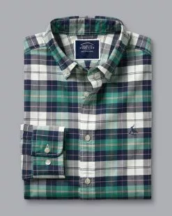 CHARLES TYRWHITT Button-Down Collar Washed Oxford Check Shirt - Teal Green -Charles Tyrwhitt Shop CSR2038TEL FOLD SINGLE