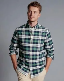 CHARLES TYRWHITT Button-Down Collar Washed Oxford Check Shirt - Teal Green -Charles Tyrwhitt Shop CSR2038TEL MODEL UNTUCKED