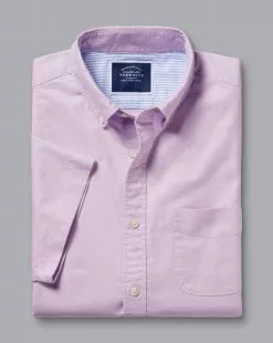 CHARLES TYRWHITT Button-Down Collar Washed Oxford Short Sleeve Shirt -Violet P -Charles Tyrwhitt Shop CSR2044VLT FOLD SINGLE