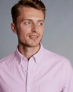 CHARLES TYRWHITT Button-Down Collar Washed Oxford Short Sleeve Shirt -Violet P -Charles Tyrwhitt Shop CSR2044VLT MODEL DETAIL