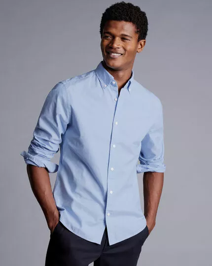 CHARLES TYRWHITT Button-Down Collar Clipped Dobby Chambray Shirt - Sky B 4 CHARLES TYRWHITT Button-Down Collar Clipped Dobby Chambray Shirt - Sky B - Image 2