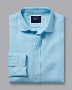 CHARLES TYRWHITT Pure Linen Shirt - Light B -Charles Tyrwhitt Shop CSR2052LBU FOLD SINGLE