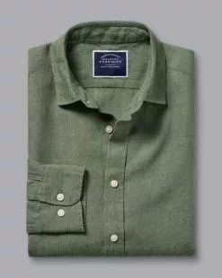 CHARLES TYRWHITT Pure Linen Shirt - Olive Green -Charles Tyrwhitt Shop CSR2052OLV FOLD SINGLE