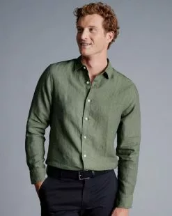 CHARLES TYRWHITT Pure Linen Shirt - Olive Green -Charles Tyrwhitt Shop CSR2052OLV MODEL TUCKED