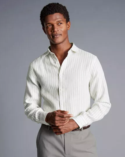 CHARLES TYRWHITT Pure Linen Stripe Shirt - Limeston 4 CHARLES TYRWHITT Pure Linen Stripe Shirt - Limeston - Image 2