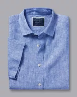 CHARLES TYRWHITT Pure Linen Short Sleeve Shirt - Cobalt B -Charles Tyrwhitt Shop CSR2056COB FOLD SINGLE