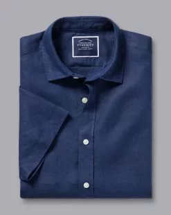CHARLES TYRWHITT Pure Linen Short Sleeve Shirt - Navy -Charles Tyrwhitt Shop CSR2056NAV FOLD SINGLE