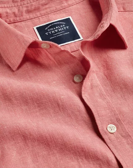 CHARLES TYRWHITT Pure Linen Short Sleeve Shirt - Salmon Pink 3 CHARLES TYRWHITT Pure Linen Short Sleeve Shirt - Salmon Pink
