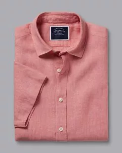 CHARLES TYRWHITT Pure Linen Short Sleeve Shirt - Salmon Pink 10 CHARLES TYRWHITT Pure Linen Short Sleeve Shirt - Salmon Pink -Charles Tyrwhitt Shop CSR2056SLP FOLD SINGLE