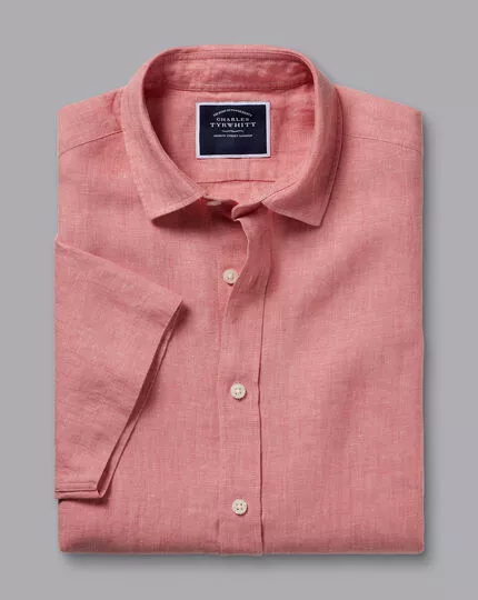 CHARLES TYRWHITT Pure Linen Short Sleeve Shirt - Salmon Pink 6 CHARLES TYRWHITT Pure Linen Short Sleeve Shirt - Salmon Pink - Image 4