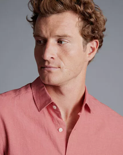 CHARLES TYRWHITT Pure Linen Short Sleeve Shirt - Salmon Pink 5 CHARLES TYRWHITT Pure Linen Short Sleeve Shirt - Salmon Pink - Image 3