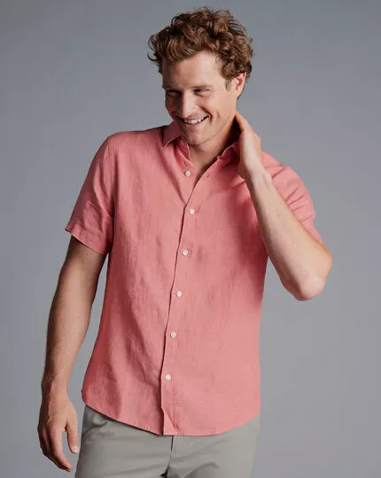 CHARLES TYRWHITT Pure Linen Short Sleeve Shirt - Salmon Pink 4 CHARLES TYRWHITT Pure Linen Short Sleeve Shirt - Salmon Pink - Image 2