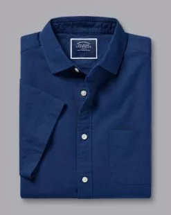 CHARLES TYRWHITT Cotton Linen Short Sleeve Shirt - Royal B -Charles Tyrwhitt Shop CSR2060RYL FOLD SINGLE