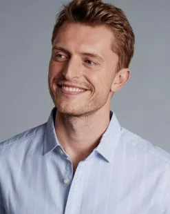 CHARLES TYRWHITT Cotton Linen Stripe Short Sleeve Shirt - Sky B -Charles Tyrwhitt Shop CSR2062SKY MODEL DETAIL