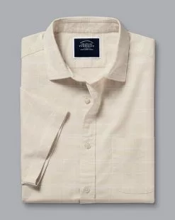 CHARLES TYRWHITT Cotton Linen Check Short Sleeve Shirt - Oatm -Charles Tyrwhitt Shop CSR2063OAT FOLD SINGLE