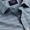 CHARLES TYRWHITT Cotton Linen Check Short Sleeve Shirt - Petrol B -Charles Tyrwhitt Shop CSR2063PET COLLAR DETAIL