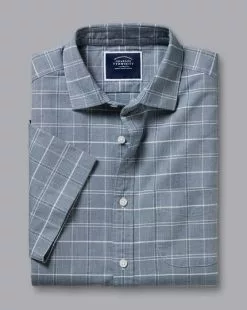 CHARLES TYRWHITT Cotton Linen Check Short Sleeve Shirt - Petrol B -Charles Tyrwhitt Shop CSR2063PET FOLD SINGLE