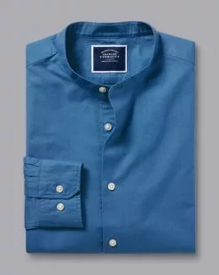 CHARLES TYRWHITT Collarless Washed Oxford Shirt - Ocean B -Charles Tyrwhitt Shop CSR2064OCE FOLD SINGLE