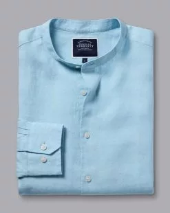 CHARLES TYRWHITT Collarless Pure Linen Shirt - Light B 11 CHARLES TYRWHITT Collarless Pure Linen Shirt - Light B -Charles Tyrwhitt Shop CSR2065LBU FOLD SINGLE