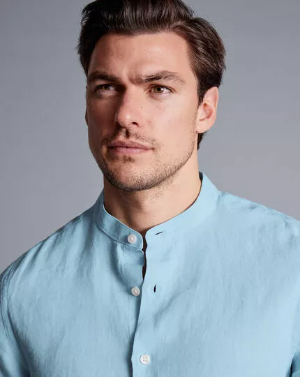 CHARLES TYRWHITT Collarless Pure Linen Shirt - Light B 7 CHARLES TYRWHITT Collarless Pure Linen Shirt - Light B - Image 5