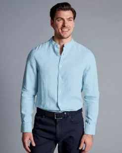 CHARLES TYRWHITT Collarless Pure Linen Shirt - Light B 10 CHARLES TYRWHITT Collarless Pure Linen Shirt - Light B -Charles Tyrwhitt Shop CSR2065LBU MODEL TUCKED