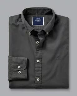 CHARLES TYRWHITT Button-Down Collar Washed Fine Twill Shirt - Charcoal Grey -Charles Tyrwhitt Shop CSR2067CHA FOLD SINGLE