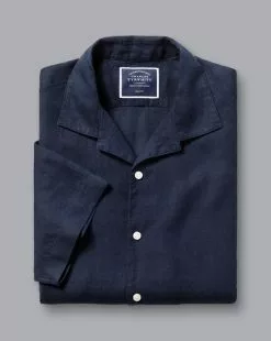 CHARLES TYRWHITT Revere Collar Pure Linen Short Sleeve Shirt - Navy B -Charles Tyrwhitt Shop CSR2068NAV FOLD SINGLE