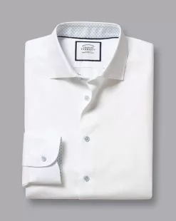 CHARLES TYRWHITT Semi-Spread Collar Twill Shirt With Printed Trim - Wh -Charles Tyrwhitt Shop FOB0640WHT FOLD SINGLE