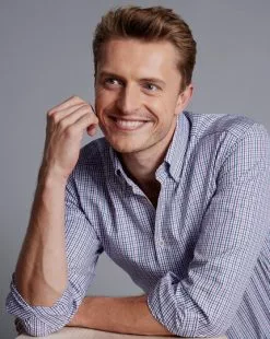 CHARLES TYRWHITT Button-Down Collar Non-Iron Oxford Multi Check Shirt - Dark Pink -Charles Tyrwhitt Shop FOB0680DPK MODEL EXTRA