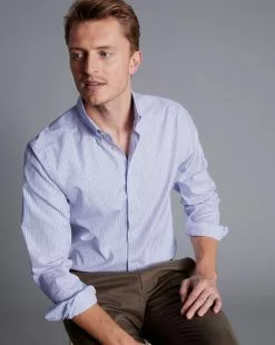 CHARLES TYRWHITT Button-Down Collar Non-Iron Oxford Twin Check Shirt - Lilac P -Charles Tyrwhitt Shop FOB0690LLC MODEL SEATED