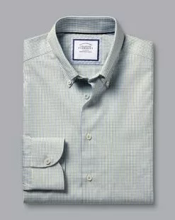CHARLES TYRWHITT Button-Down Collar Non-Iron Oxford Twin Check Shirt - Olive Green -Charles Tyrwhitt Shop FOB0690OLV FOLD SINGLE