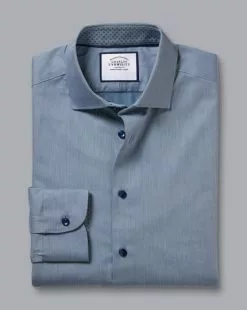 CHARLES TYRWHITT Semi-Spread Collar Twill Shirt With Printed Trim - Steel B -Charles Tyrwhitt Shop FOB0694STL FOLD SINGLE
