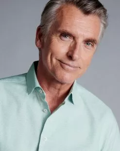 CHARLES TYRWHITT Semi-Spread Collar Non-Iron Stretch Texture Shirt - Teal Green -Charles Tyrwhitt Shop FOB0697TEL MODEL DETAIL