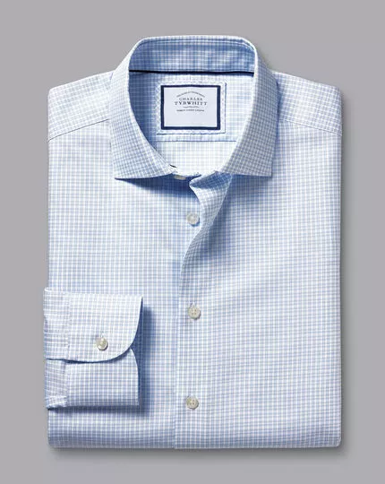 CHARLES TYRWHITT Semi-Spread Collar Non-Iron Cotton Linen Check Shirt - Sky B 6 CHARLES TYRWHITT Semi-Spread Collar Non-Iron Cotton Linen Check Shirt - Sky B - Image 4